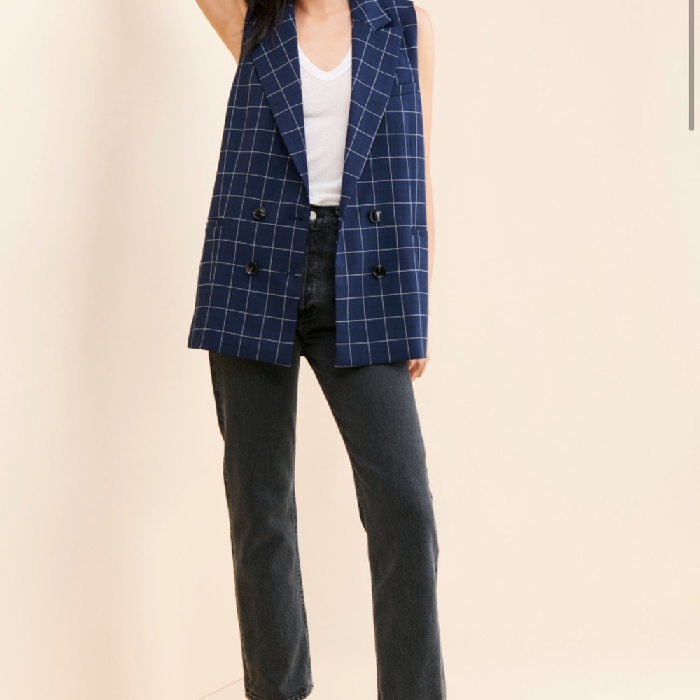 Navy Checkered Sleeveless Blazer